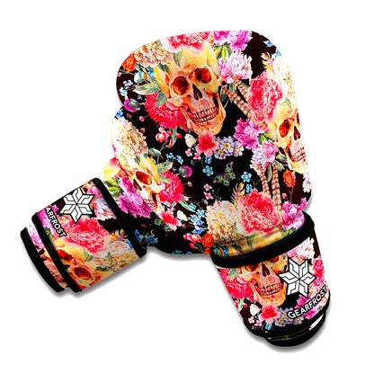 Blossom Peony Skull Pattern Print Boxing Gloves