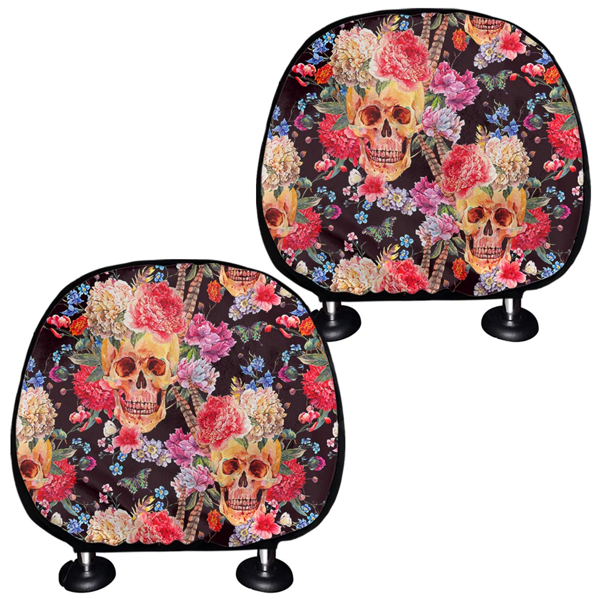 Blossom Peony Skull Pattern Print Car Headrest Covers