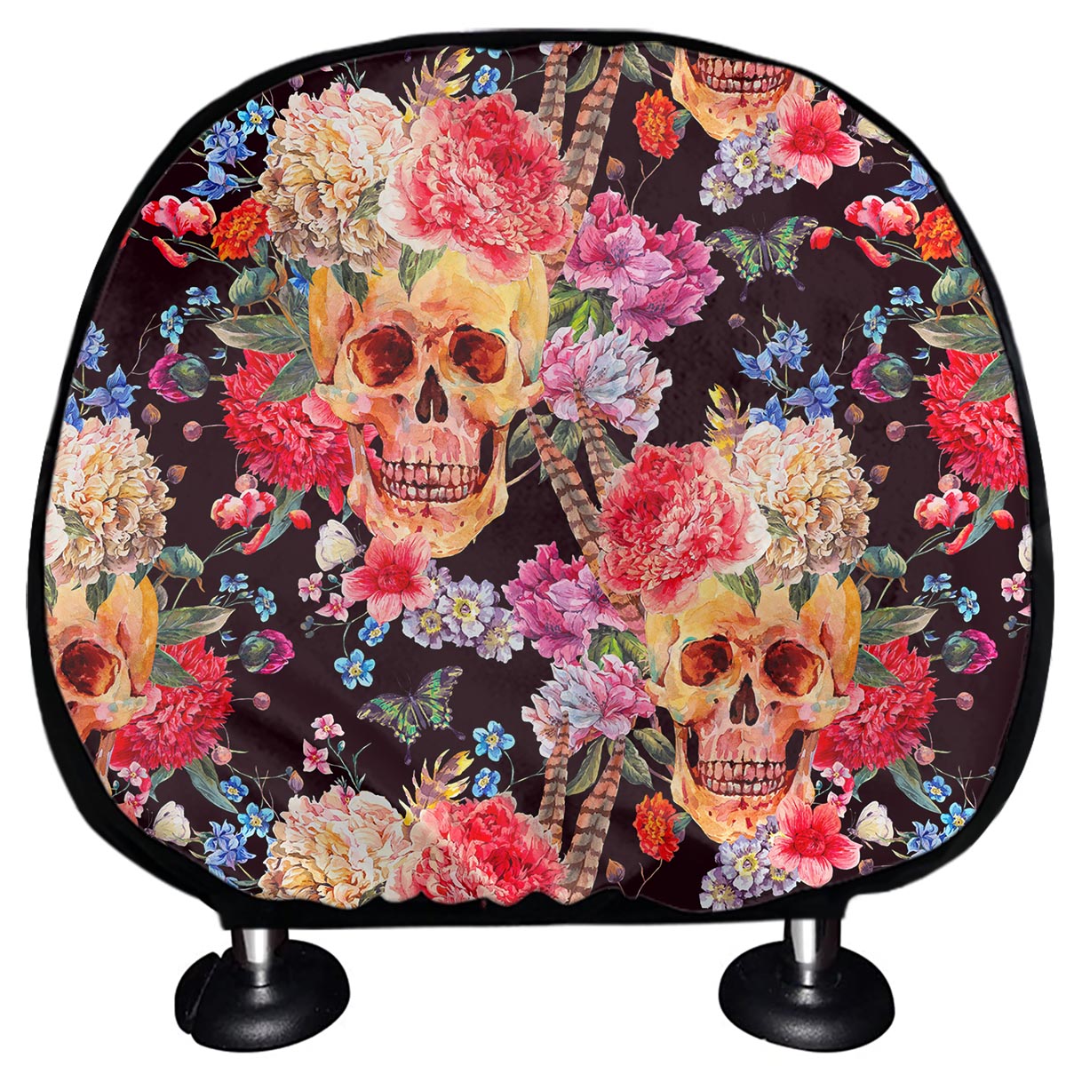 Blossom Peony Skull Pattern Print Car Headrest Covers