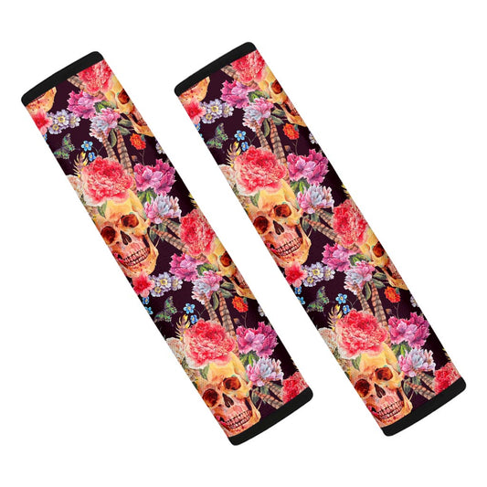 Blossom Peony Skull Pattern Print Car Seat Belt Covers