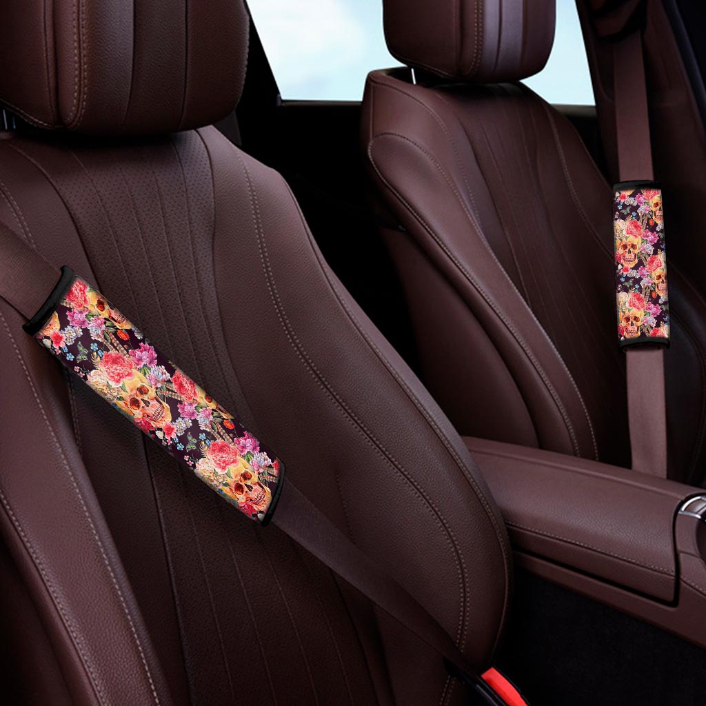 Blossom Peony Skull Pattern Print Car Seat Belt Covers