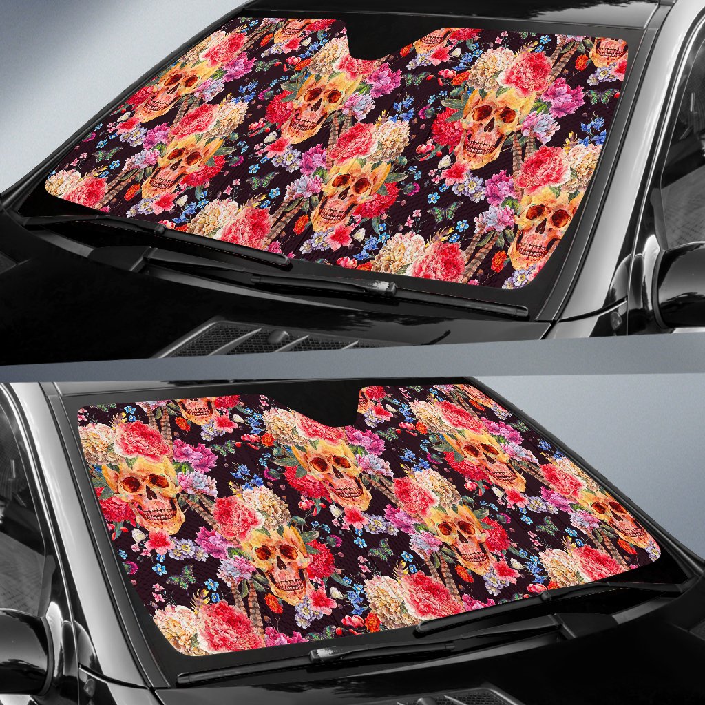 Blossom Peony Skull Pattern Print Car Sun Shade GearFrost