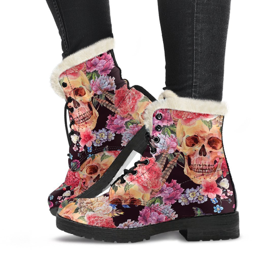 Blossom Peony Skull Pattern Print Comfy Boots GearFrost