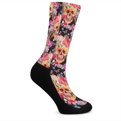 Blossom Peony Skull Pattern Print Crew Socks