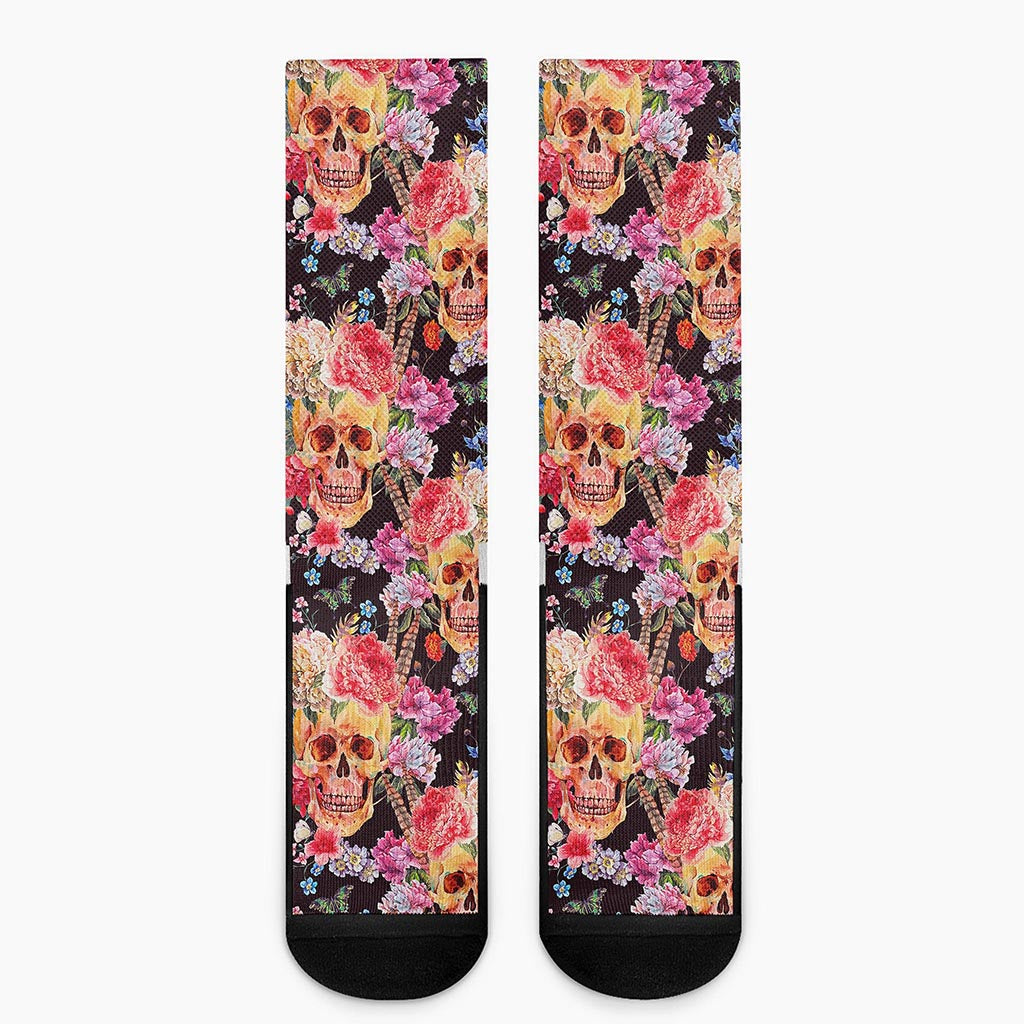 Blossom Peony Skull Pattern Print Crew Socks