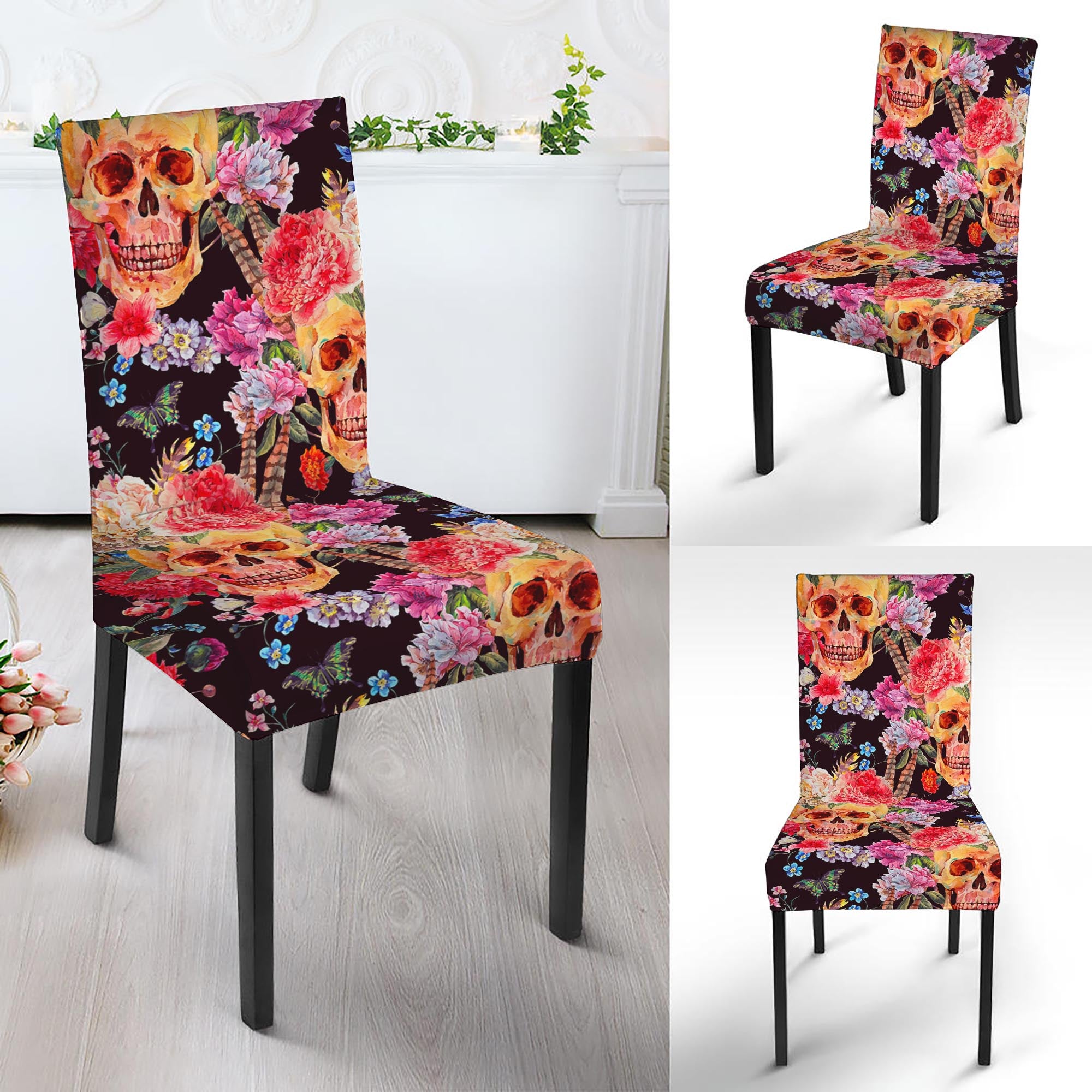 Blossom Peony Skull Pattern Print Dining Chair Slipcover