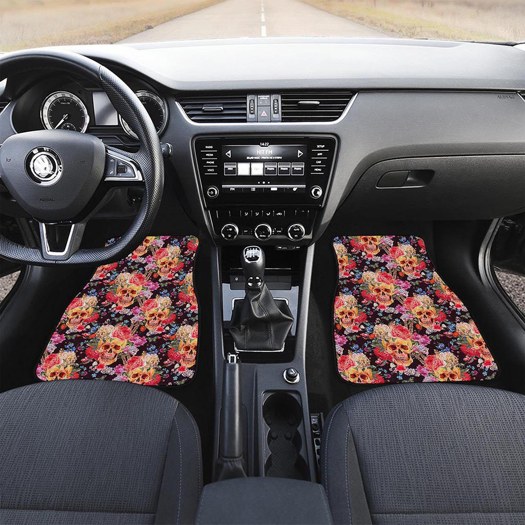 Blossom Peony Skull Pattern Print Front and Back Car Floor Mats