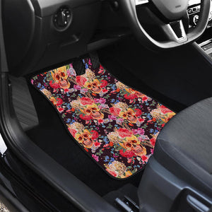 Blossom Peony Skull Pattern Print Front and Back Car Floor Mats