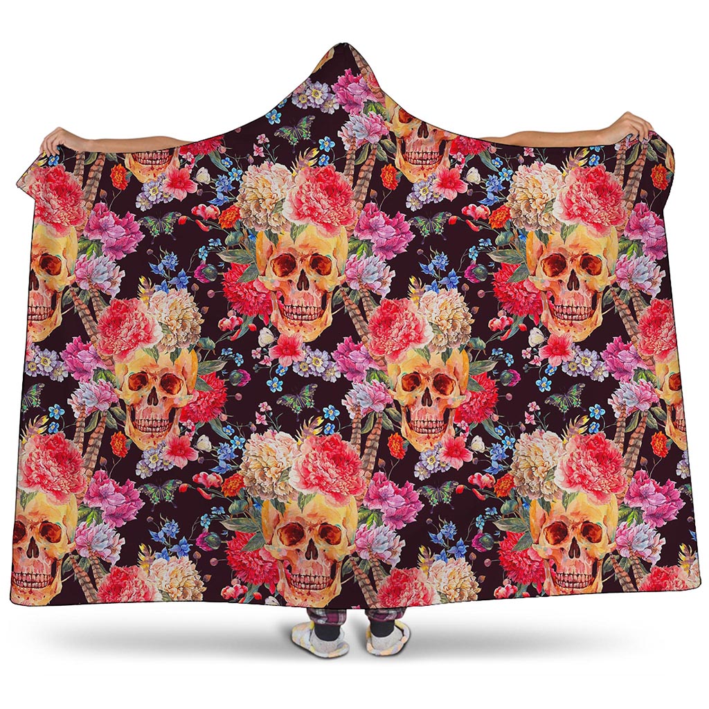 Blossom Peony Skull Pattern Print Hooded Blanket