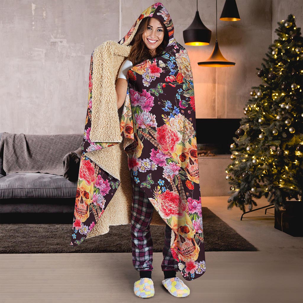 Blossom Peony Skull Pattern Print Hooded Blanket