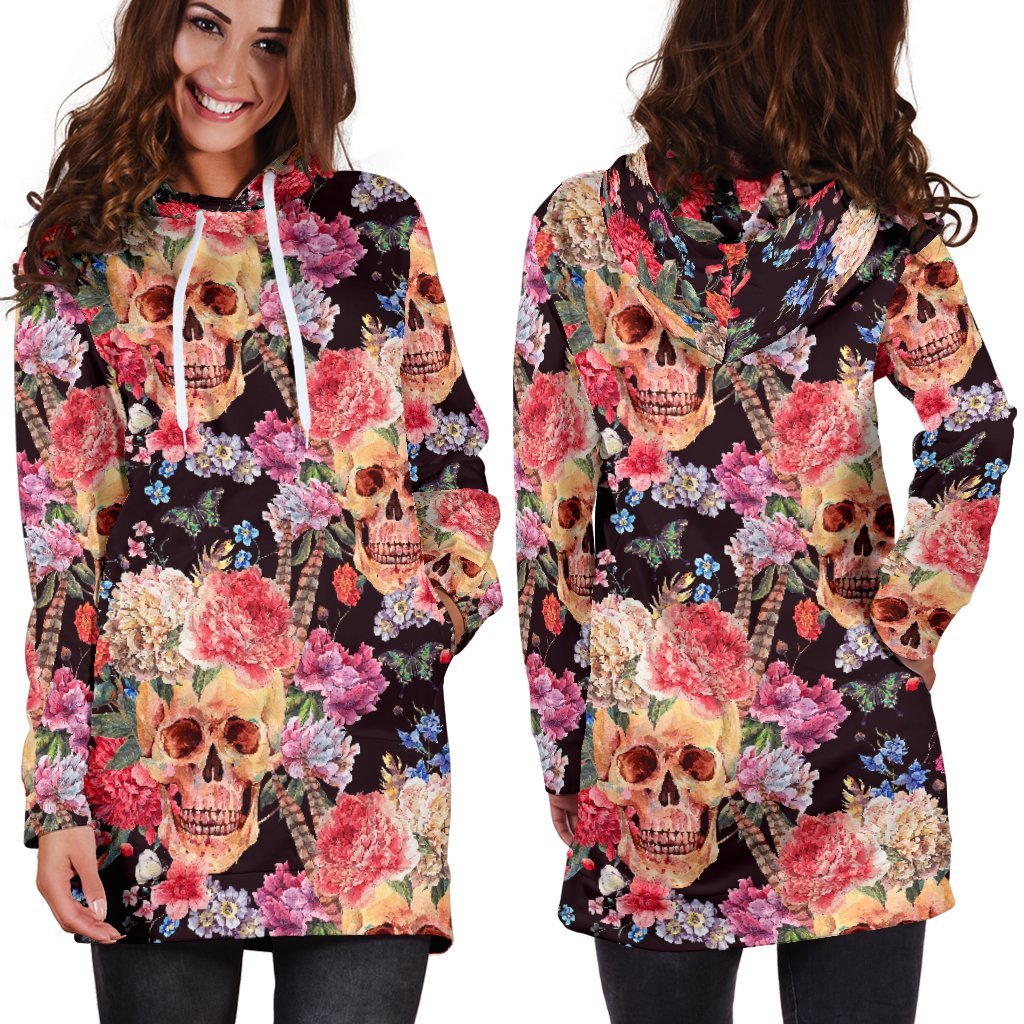 Blossom Peony Skull Pattern Print Hoodie Dress GearFrost