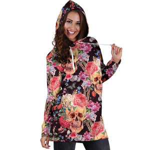 Blossom Peony Skull Pattern Print Hoodie Dress GearFrost