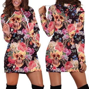 Blossom Peony Skull Pattern Print Hoodie Dress GearFrost