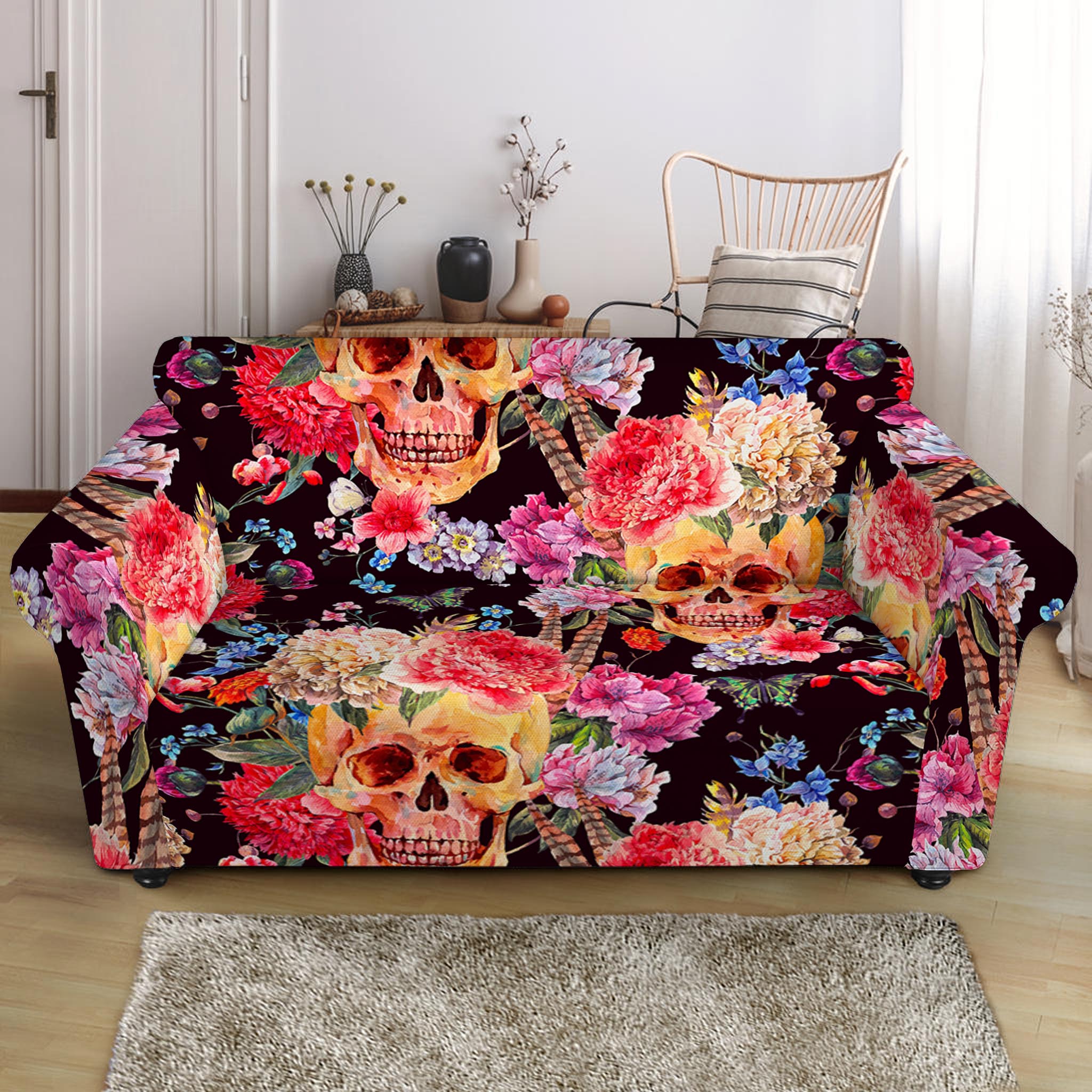 Blossom Peony Skull Pattern Print Loveseat Slipcover