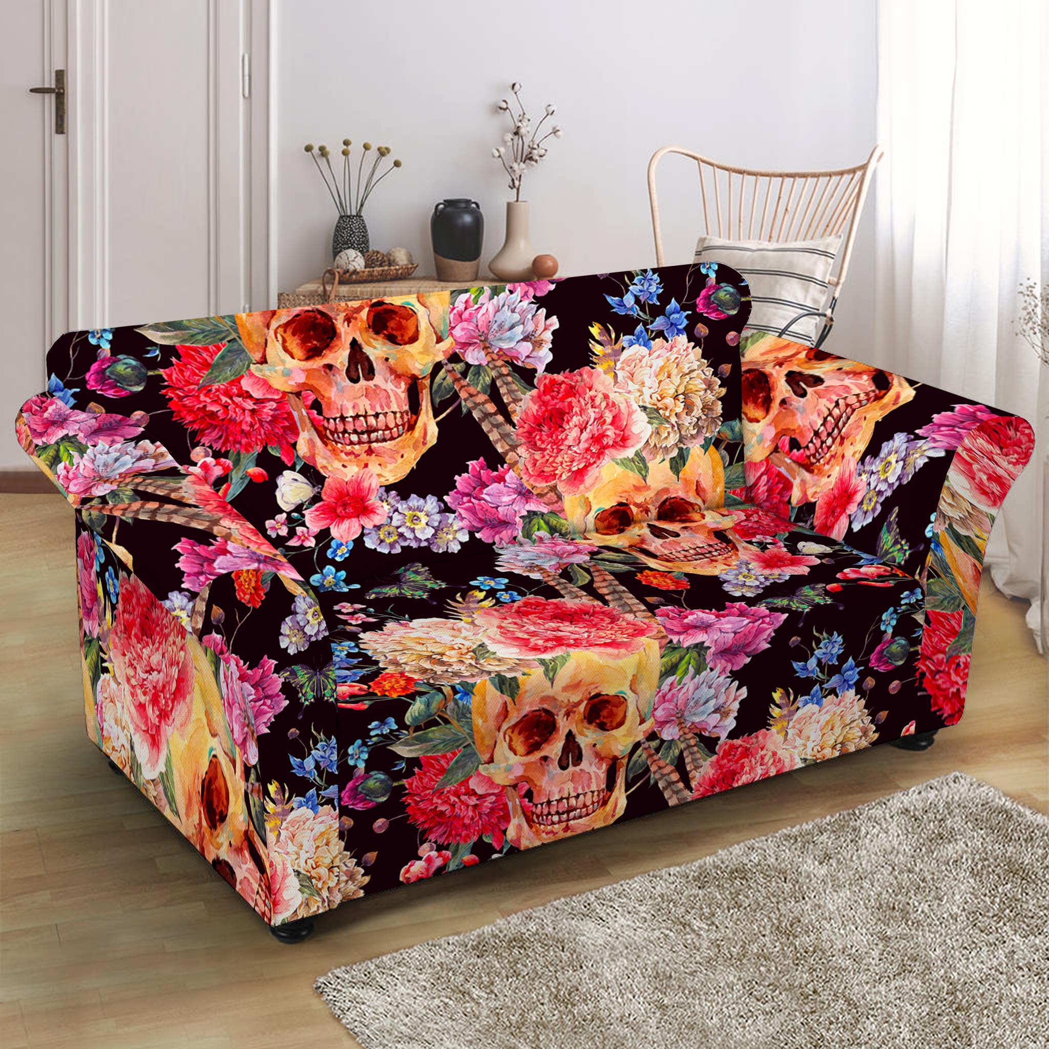 Blossom Peony Skull Pattern Print Loveseat Slipcover