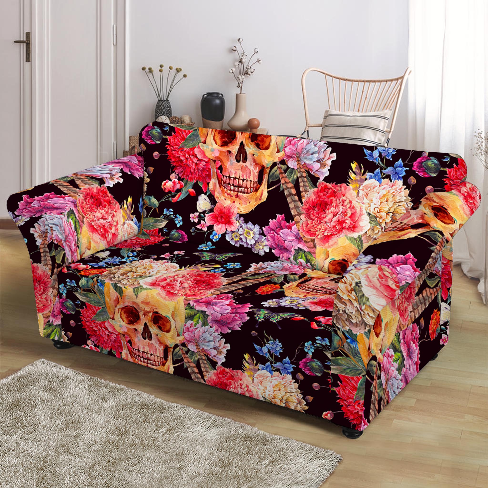 Blossom Peony Skull Pattern Print Loveseat Slipcover