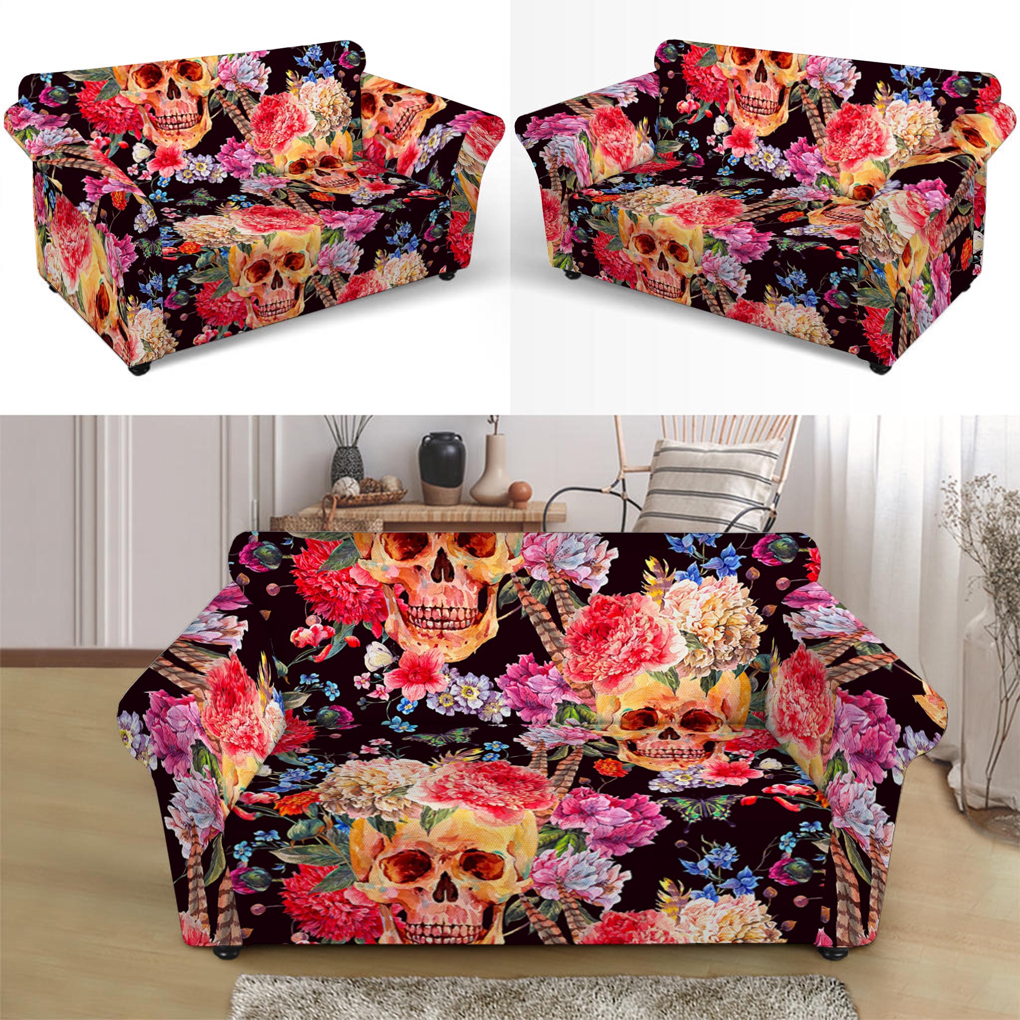 Blossom Peony Skull Pattern Print Loveseat Slipcover