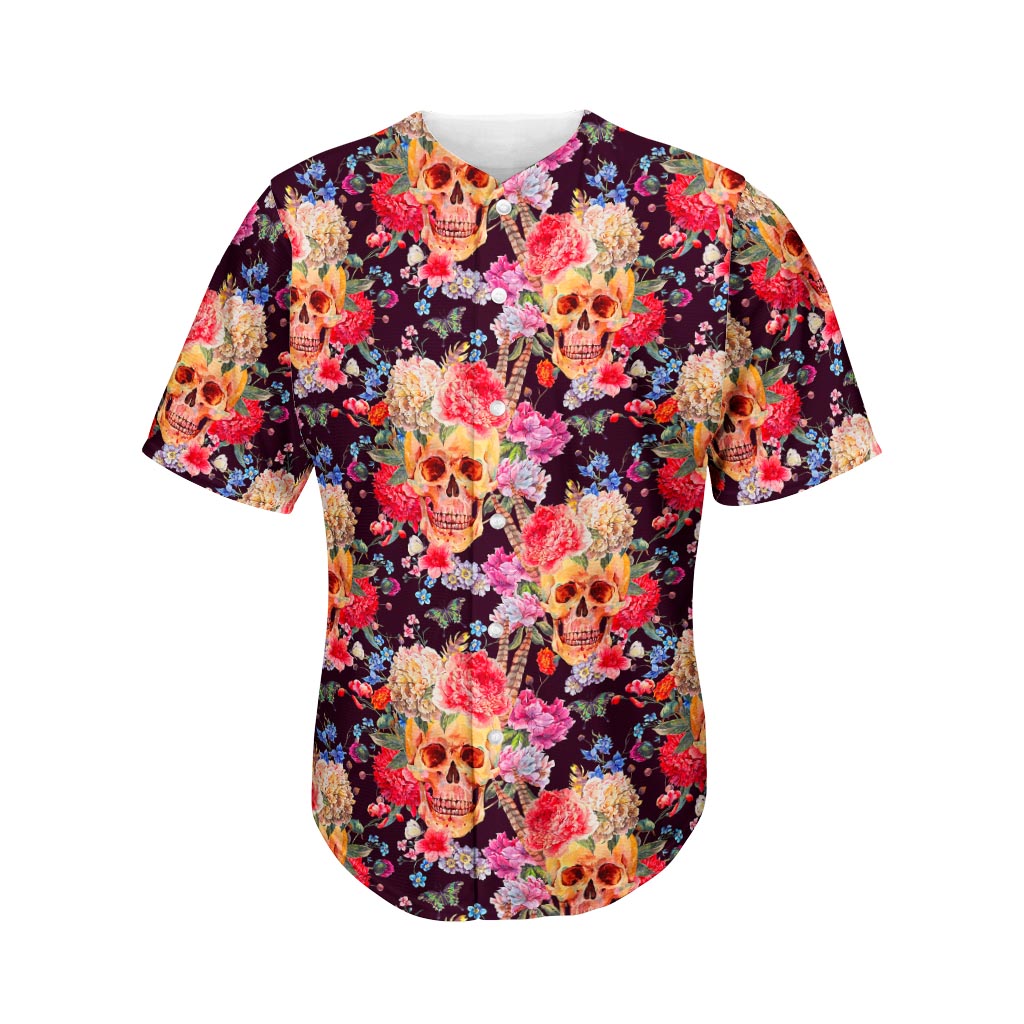 Blossom Peony Skull Pattern Print Men's Baseball Jersey