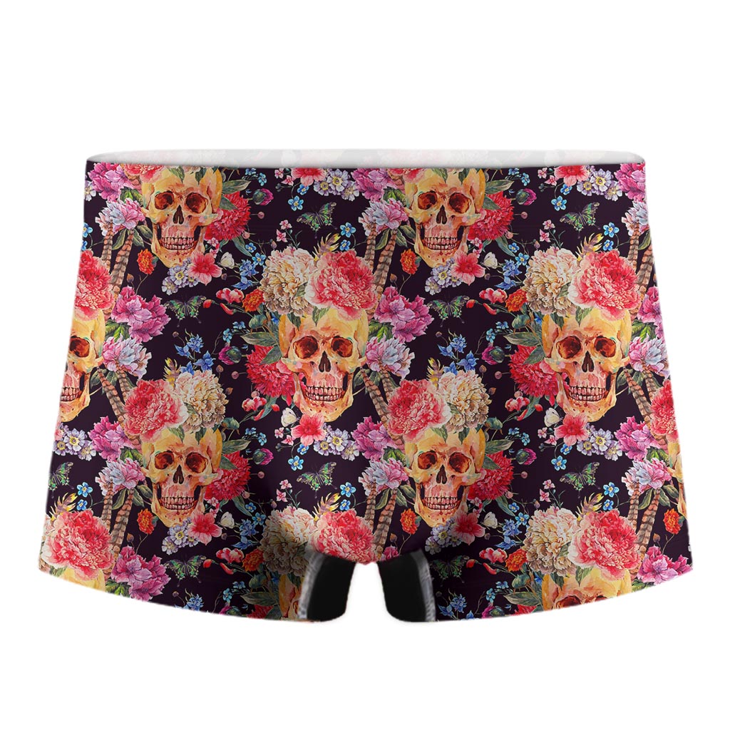 Blossom Peony Skull Pattern Print Men's Boxer Briefs