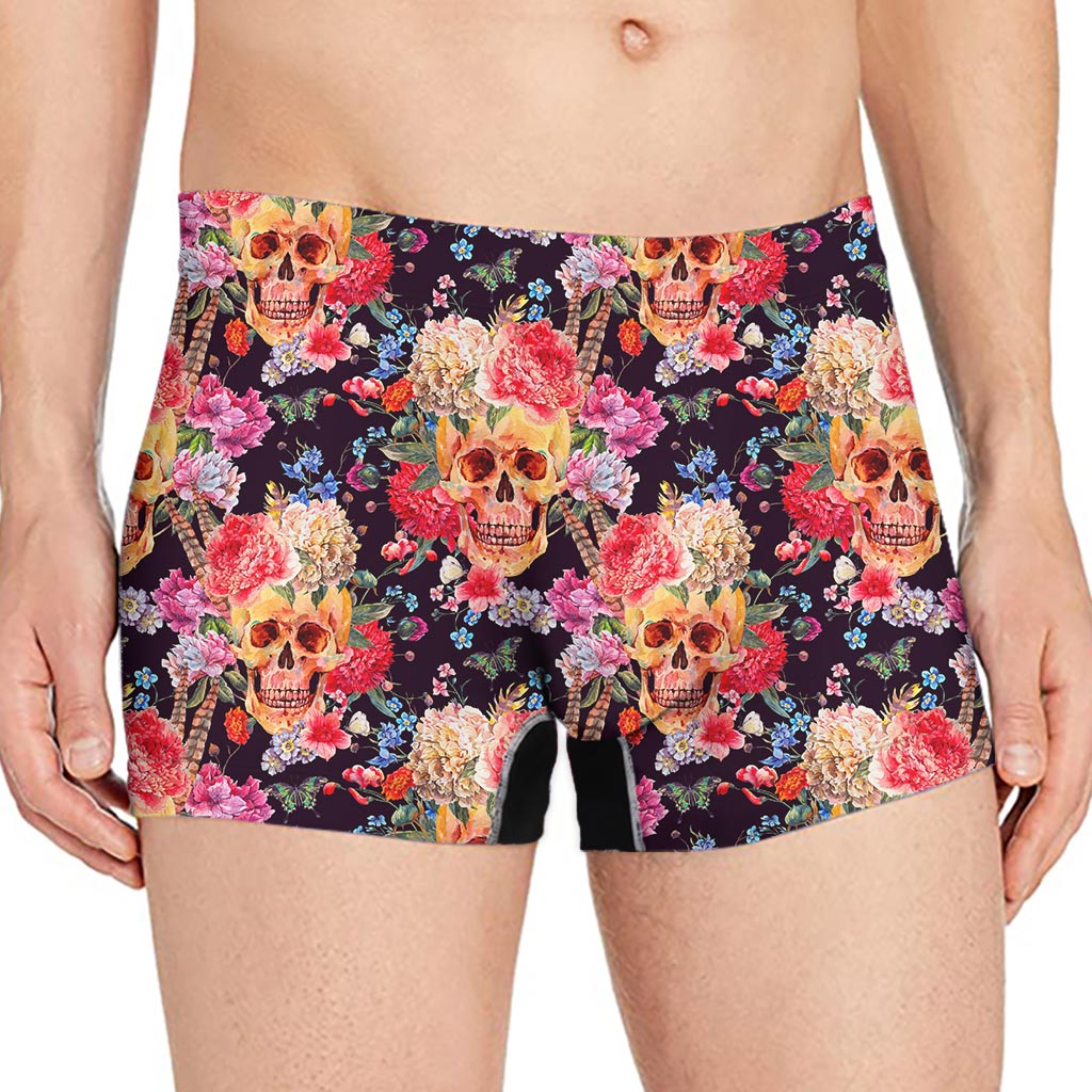 Blossom Peony Skull Pattern Print Men's Boxer Briefs
