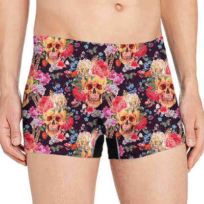 Blossom Peony Skull Pattern Print Men's Boxer Briefs