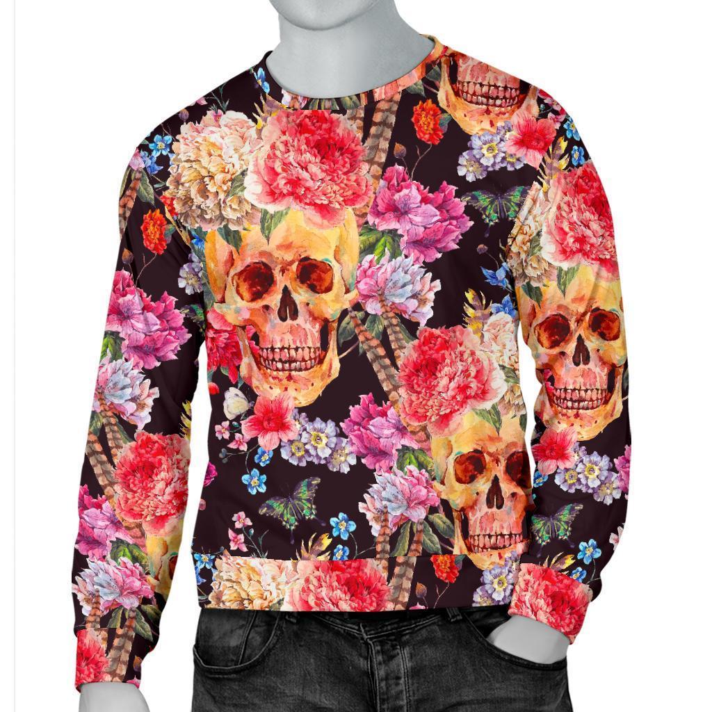 Blossom Peony Skull Pattern Print Men's Crewneck Sweatshirt GearFrost