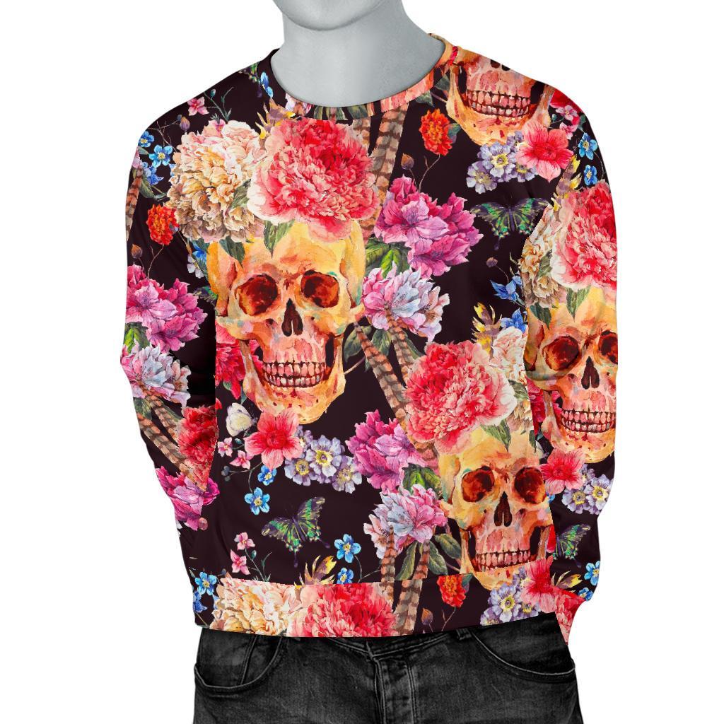 Blossom Peony Skull Pattern Print Men's Crewneck Sweatshirt GearFrost