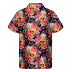 Blossom Peony Skull Pattern Print Men's Short Sleeve Shirt