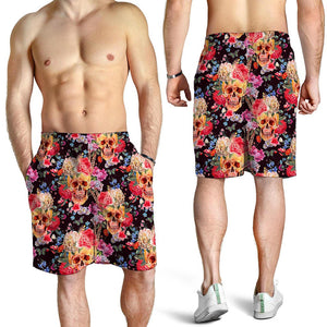 Blossom Peony Skull Pattern Print Men's Shorts