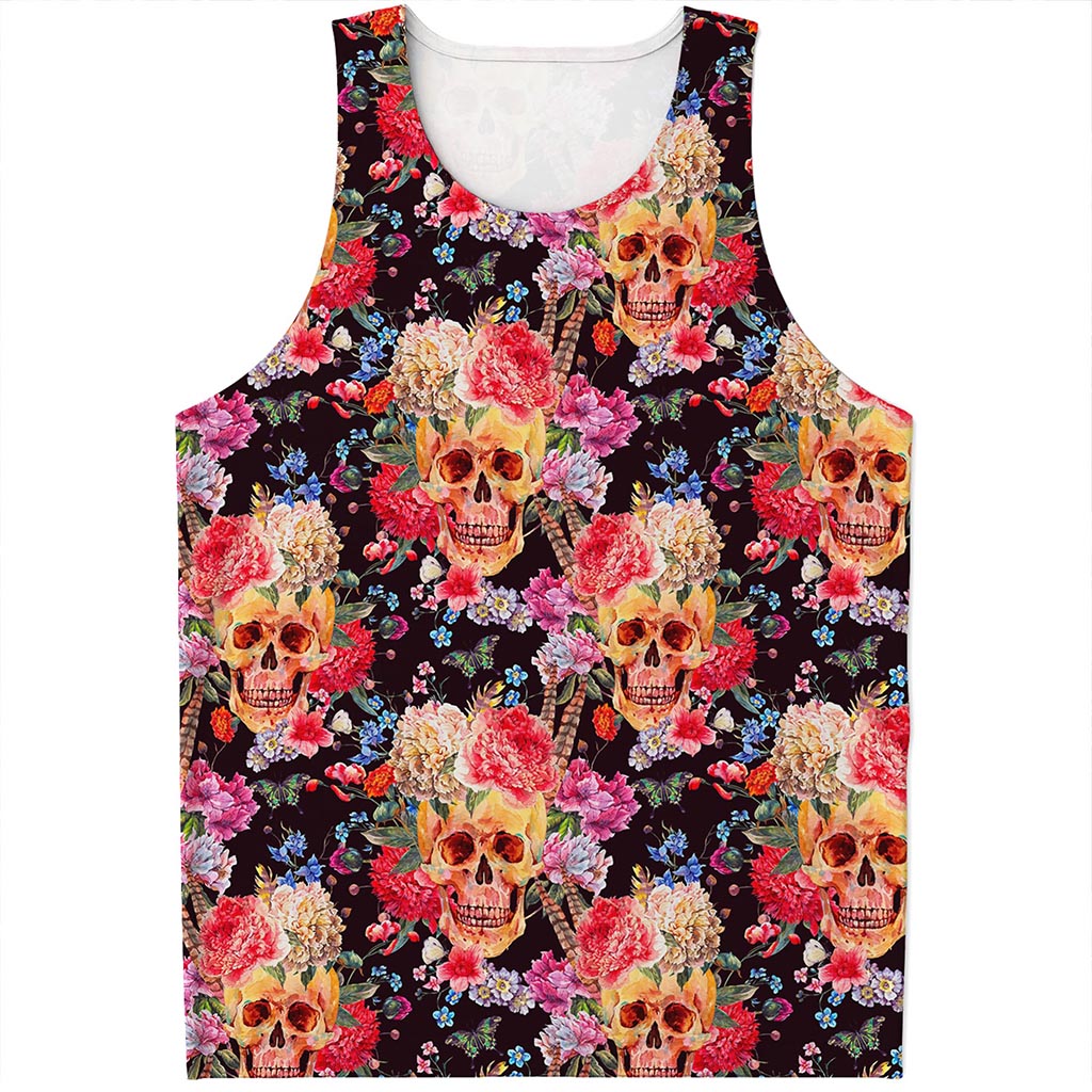 Blossom Peony Skull Pattern Print Men's Tank Top