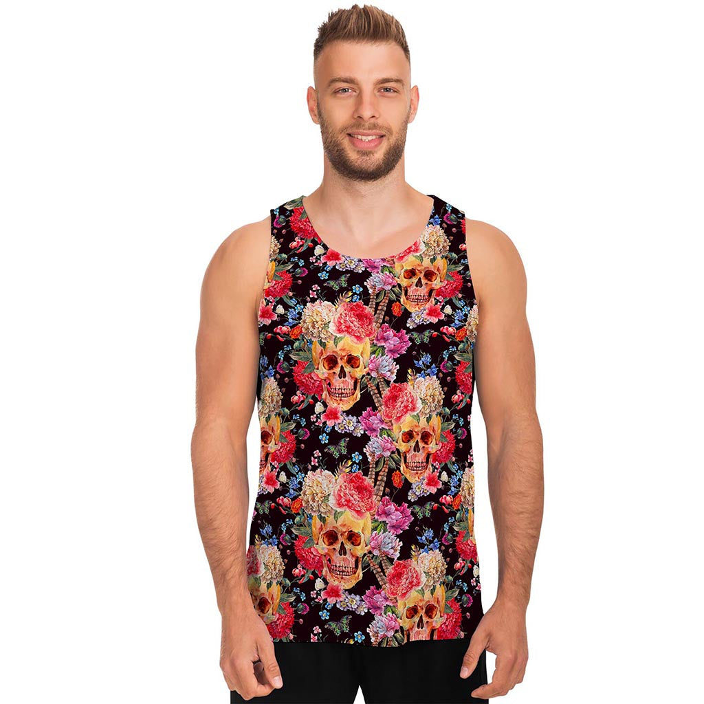 Blossom Peony Skull Pattern Print Men's Tank Top