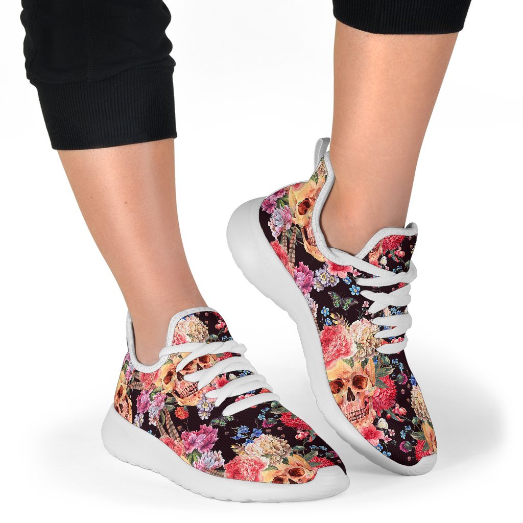 Blossom Peony Skull Pattern Print Mesh Knit Shoes GearFrost