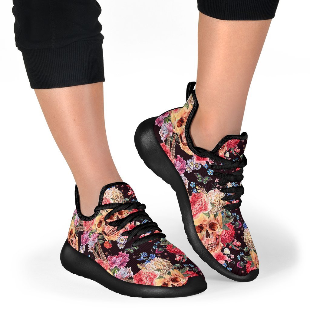 Blossom Peony Skull Pattern Print Mesh Knit Shoes GearFrost