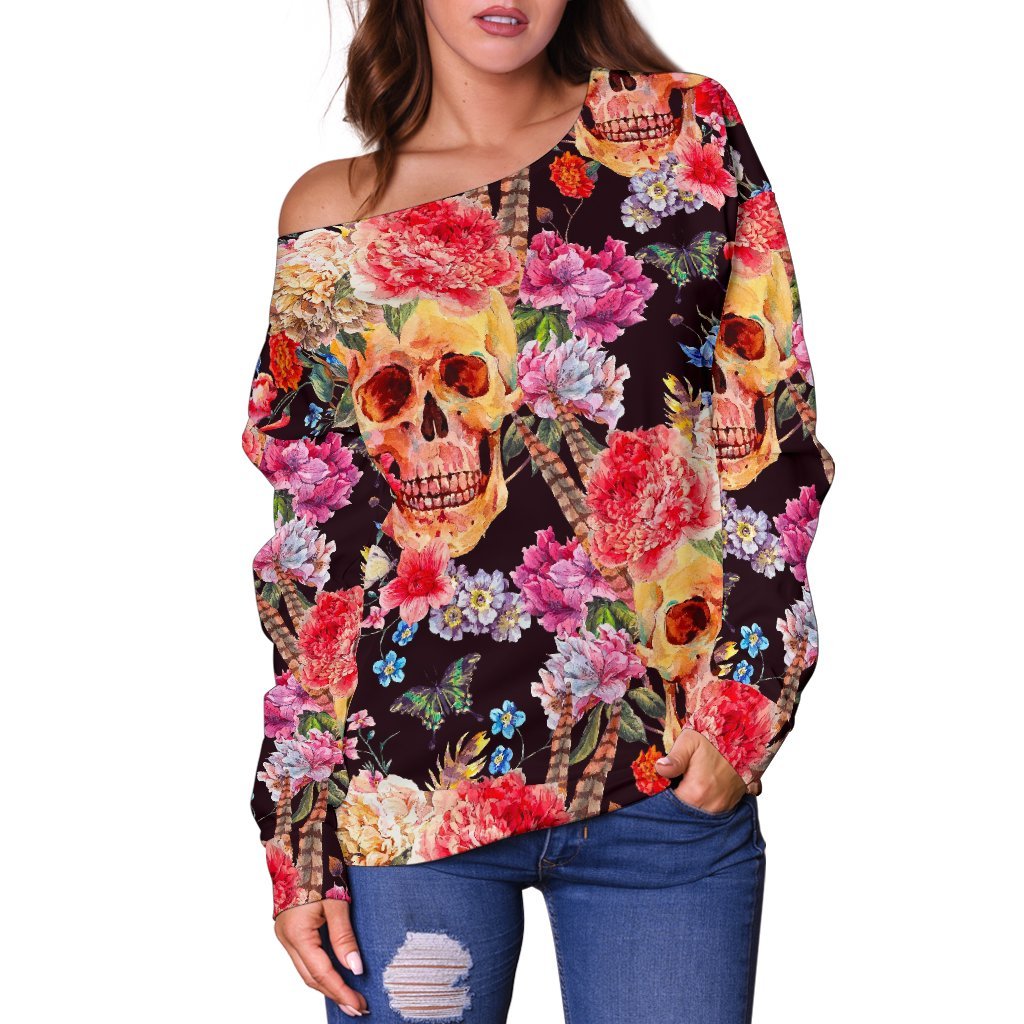 Blossom Peony Skull Pattern Print Off Shoulder Sweatshirt GearFrost