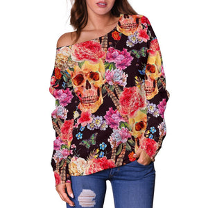 Blossom Peony Skull Pattern Print Off Shoulder Sweatshirt GearFrost