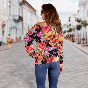 Blossom Peony Skull Pattern Print Off Shoulder Sweatshirt GearFrost