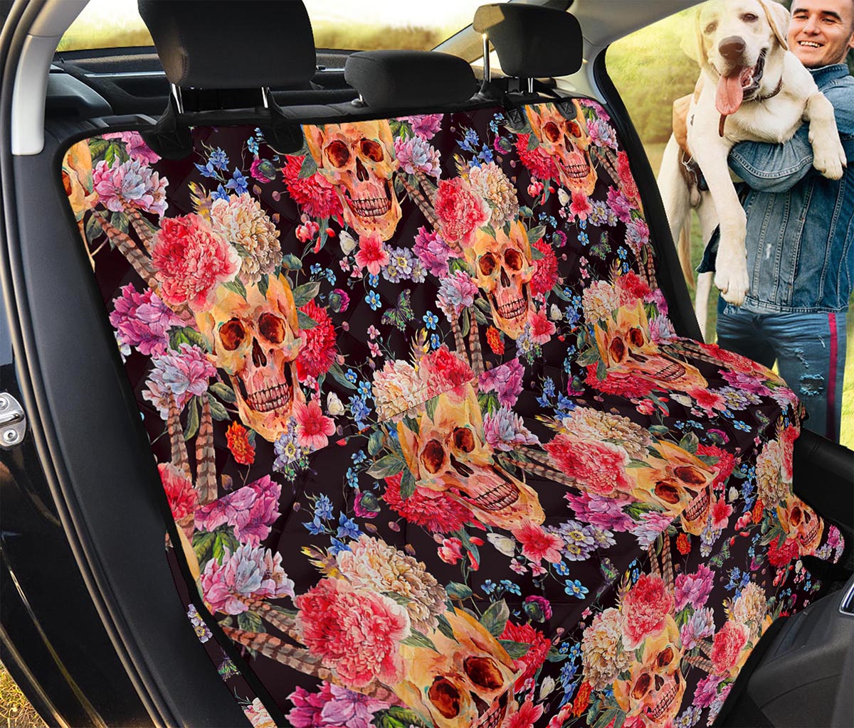 Blossom Peony Skull Pattern Print Pet Car Back Seat Cover