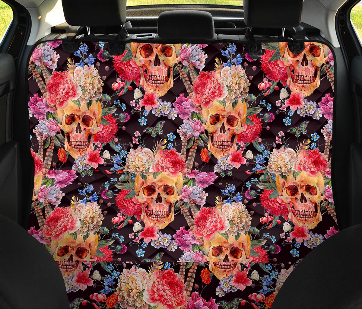 Blossom Peony Skull Pattern Print Pet Car Back Seat Cover