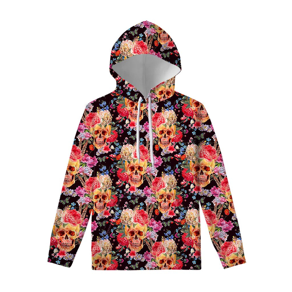 Blossom Peony Skull Pattern Print Pullover Hoodie