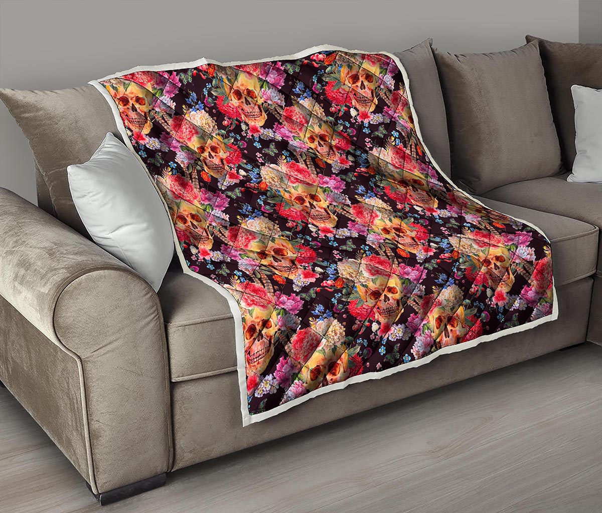 Blossom Peony Skull Pattern Print Quilt