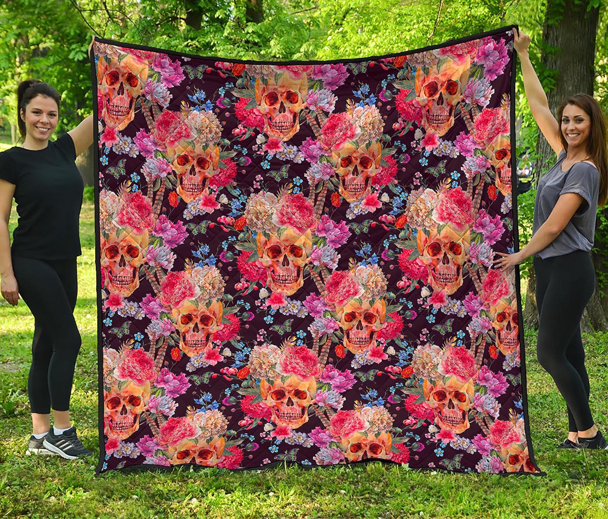 Blossom Peony Skull Pattern Print Quilt