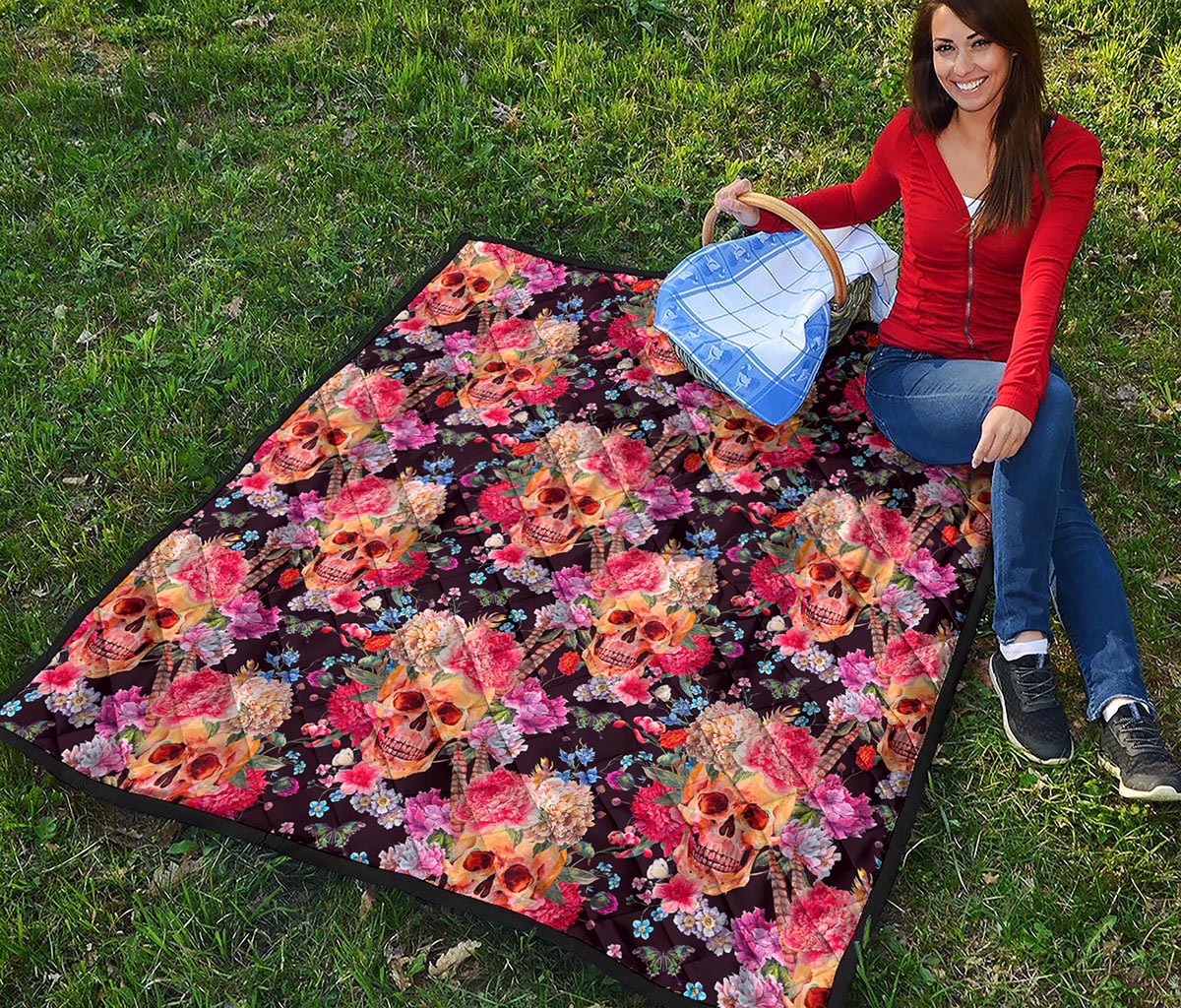 Blossom Peony Skull Pattern Print Quilt