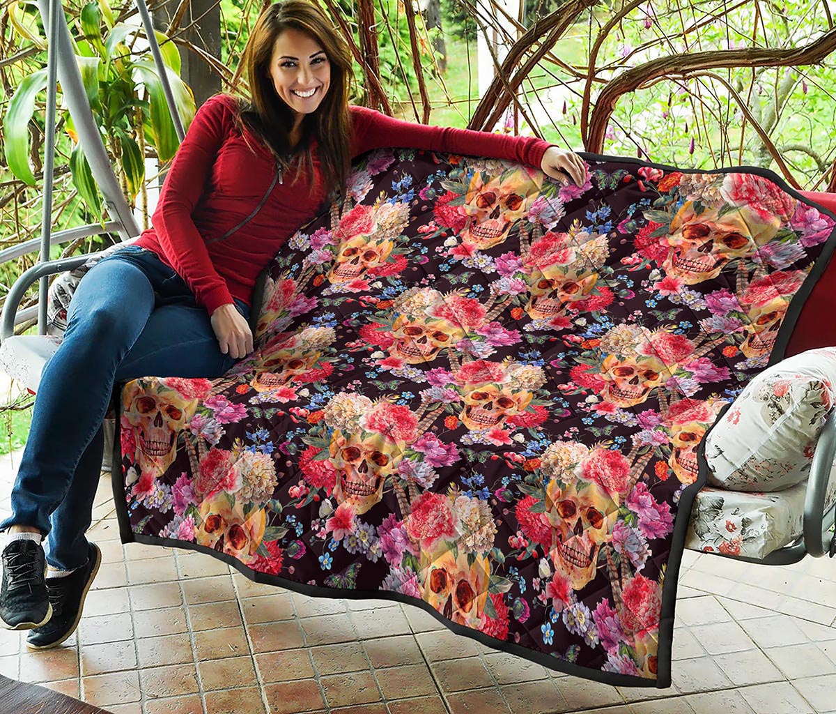 Blossom Peony Skull Pattern Print Quilt