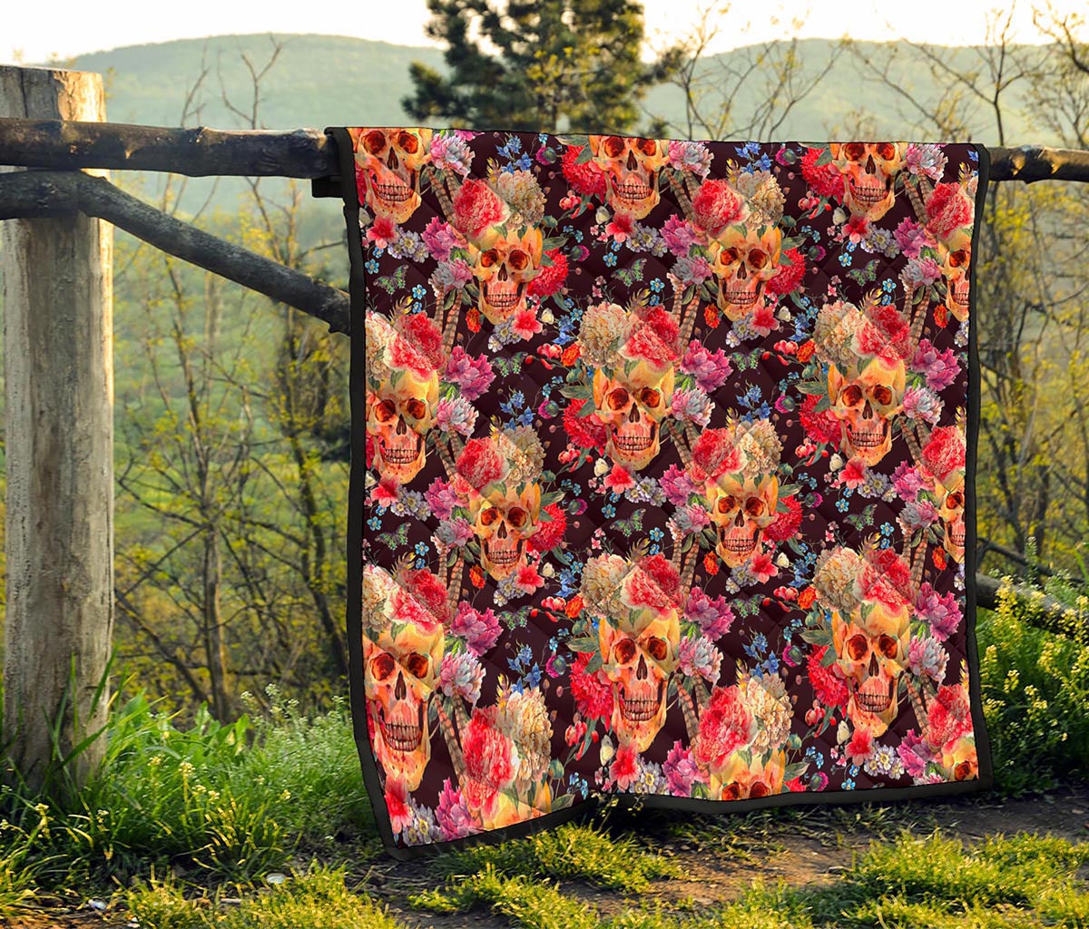 Blossom Peony Skull Pattern Print Quilt