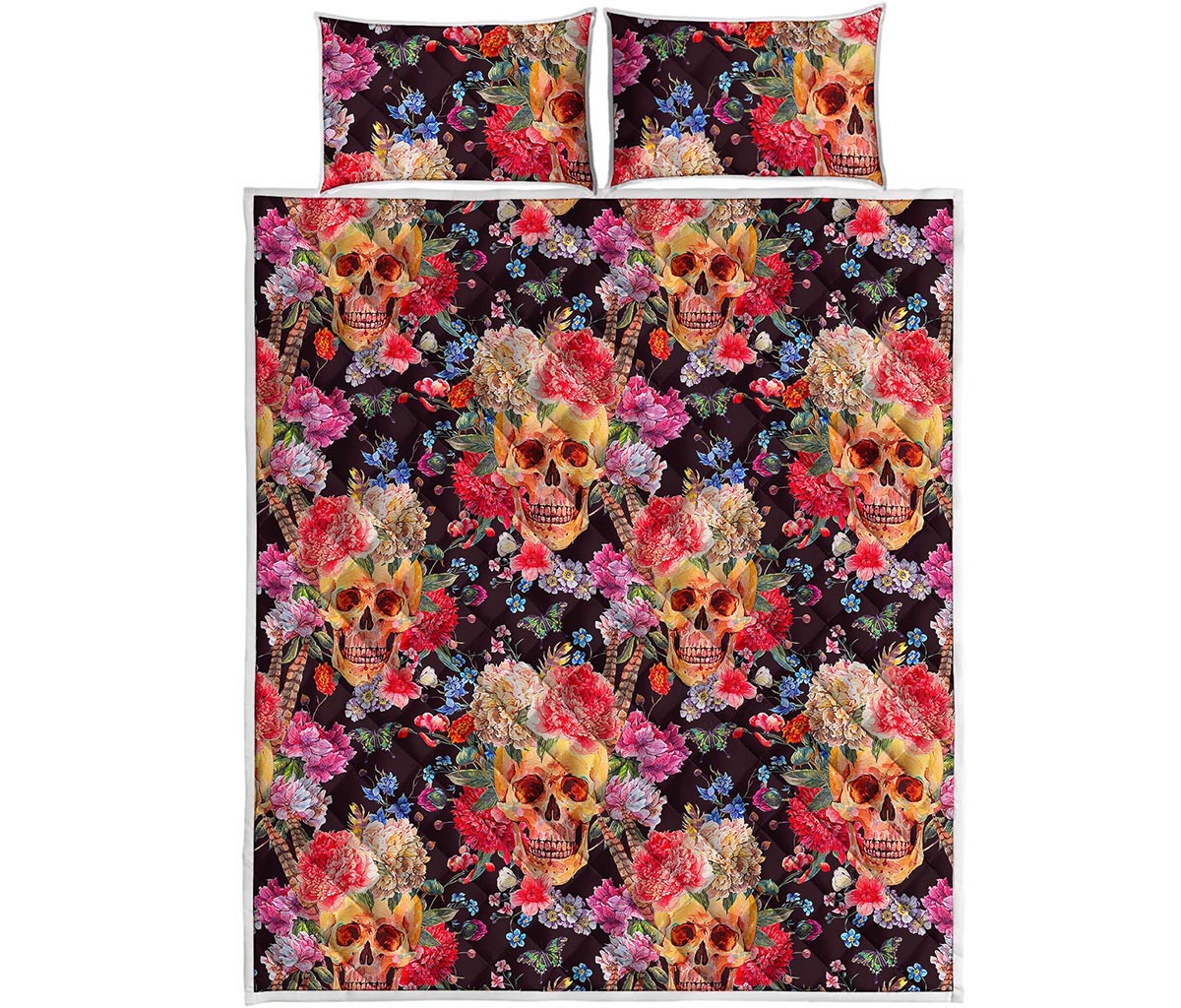 Blossom Peony Skull Pattern Print Quilt Bed Set