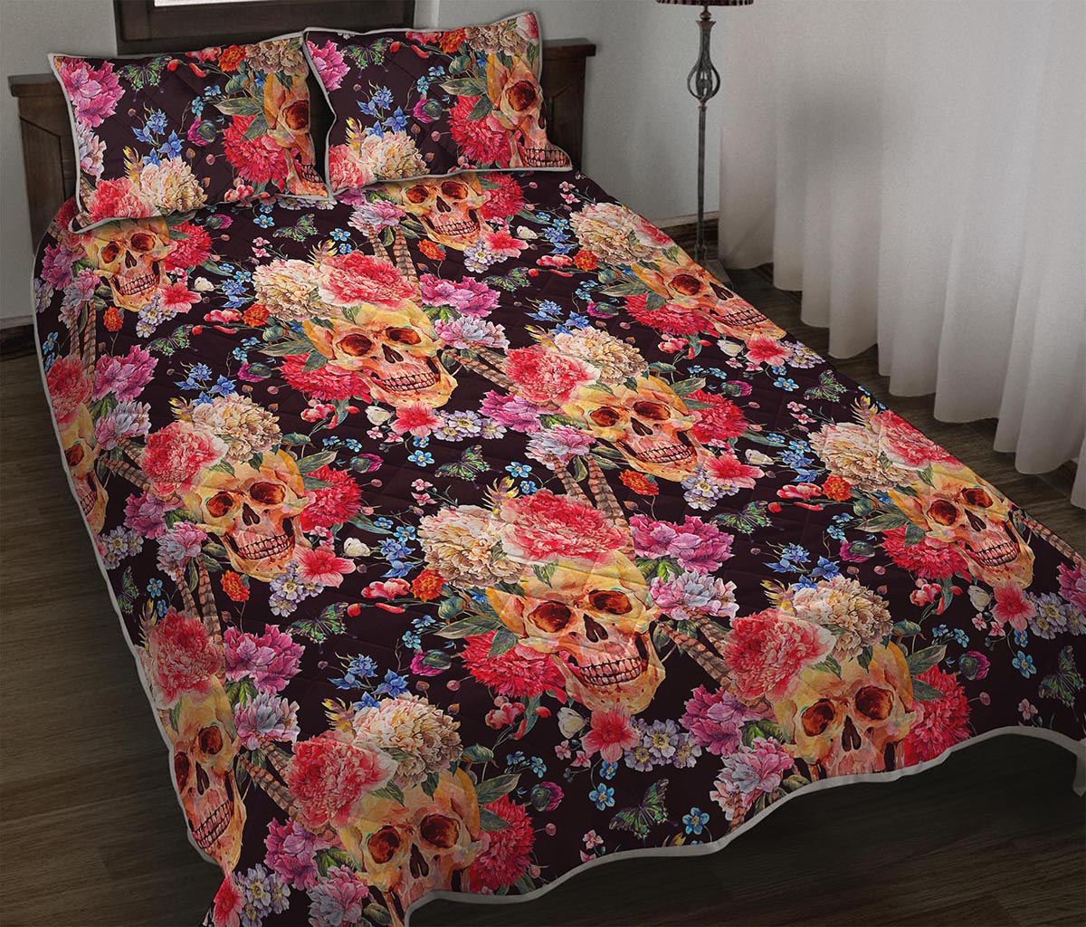 Blossom Peony Skull Pattern Print Quilt Bed Set