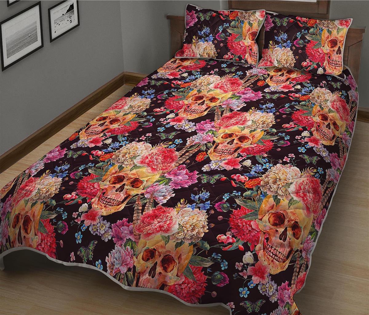 Blossom Peony Skull Pattern Print Quilt Bed Set