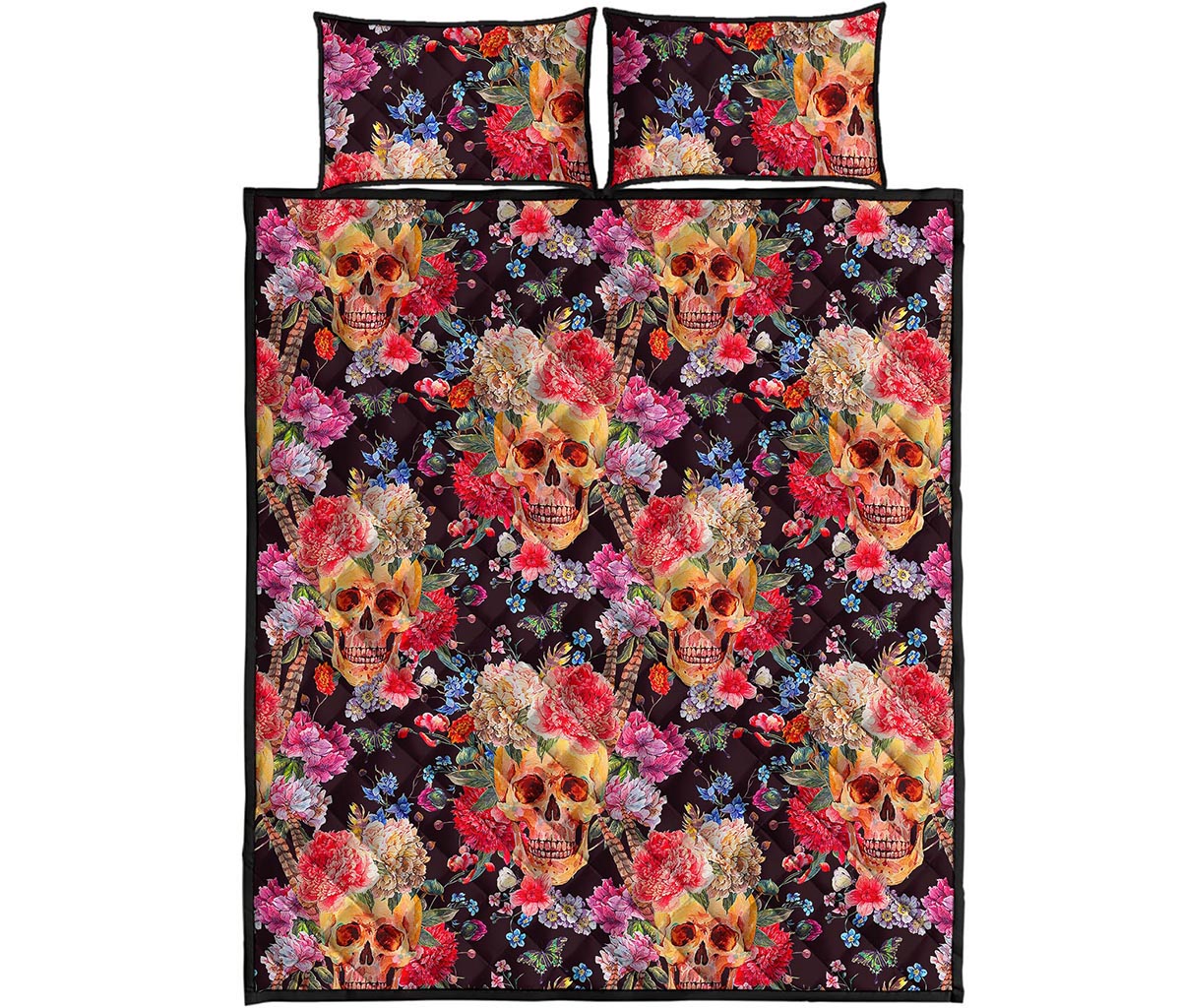 Blossom Peony Skull Pattern Print Quilt Bed Set