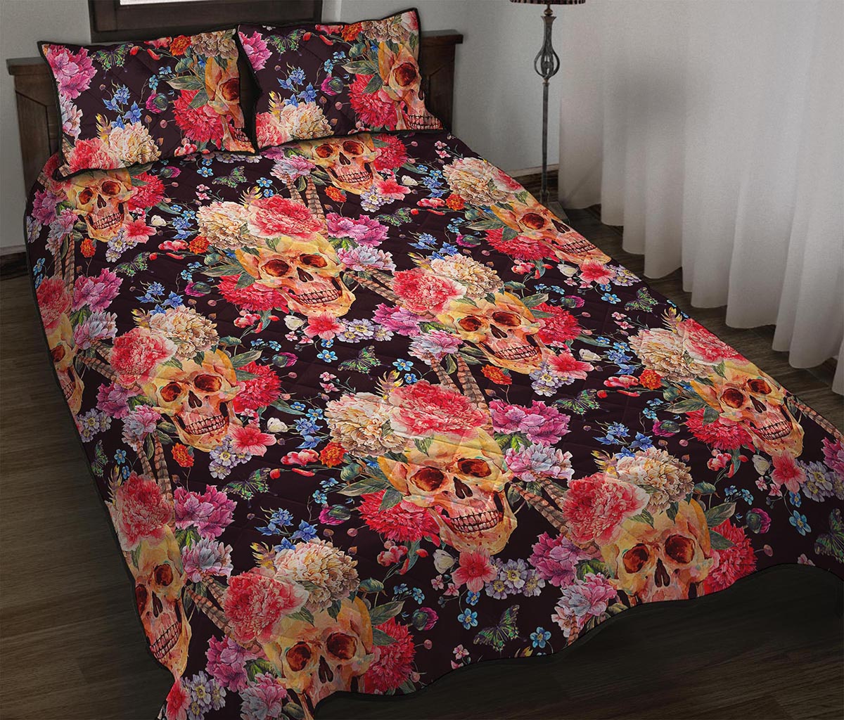 Blossom Peony Skull Pattern Print Quilt Bed Set