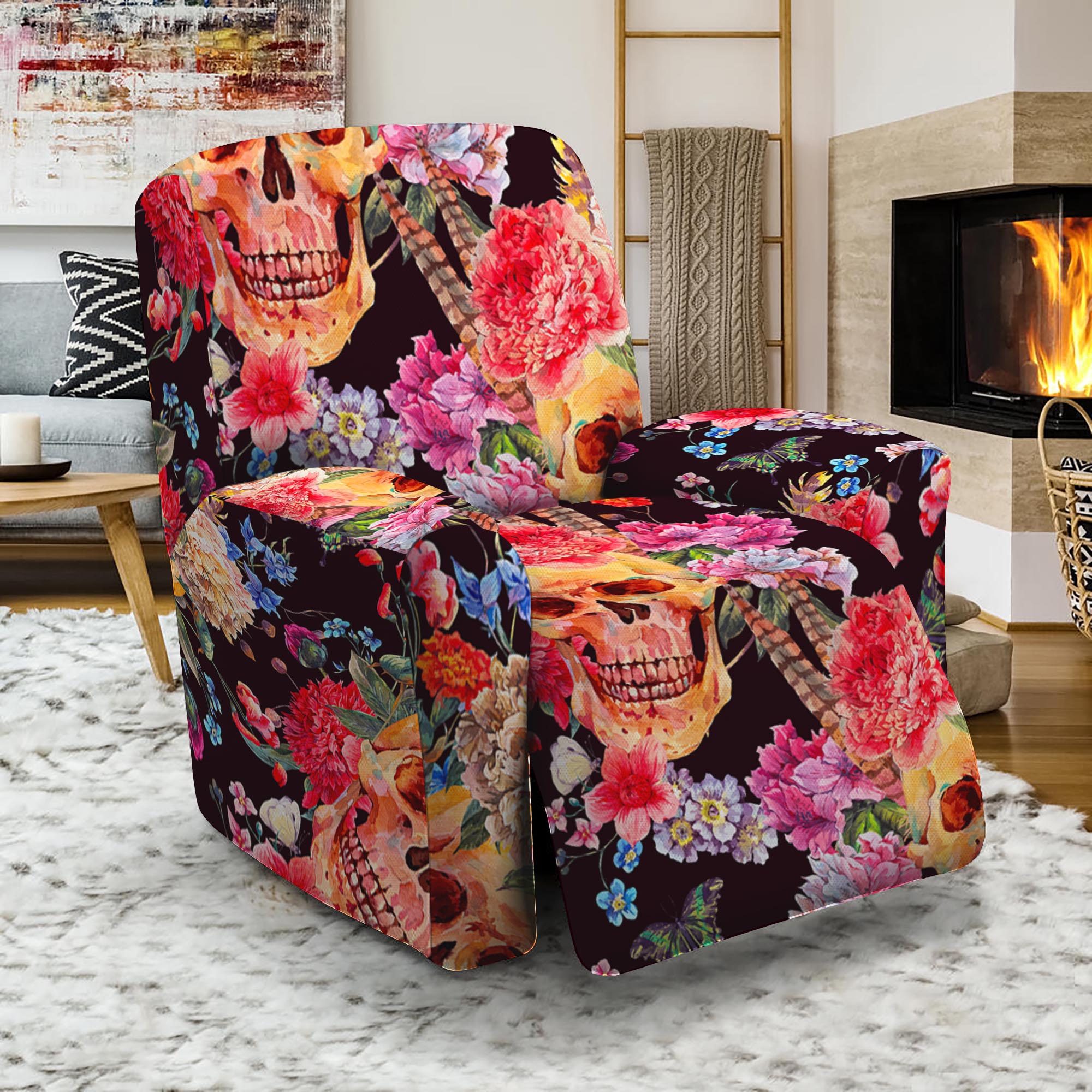 Blossom Peony Skull Pattern Print Recliner Slipcover